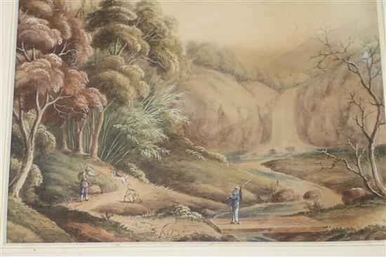 19th century Anglo-Chinese School, gouache, figures in a landscape, 14 x 19cm.